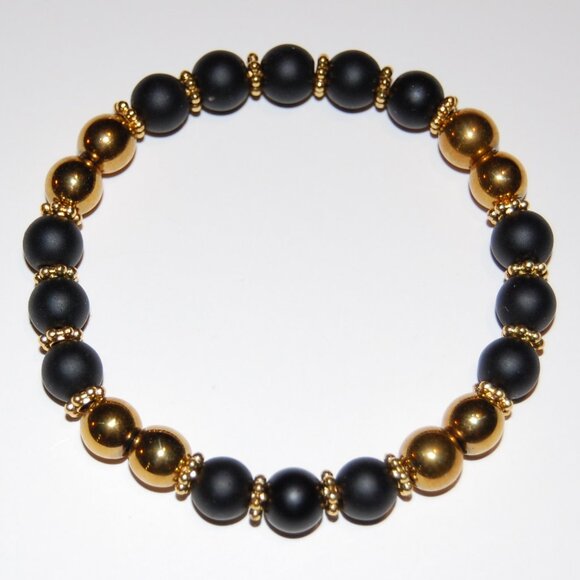 Black and Gold Bracelet,Onyx Stone and Golden 8mm Beads - Picture 1 of 3